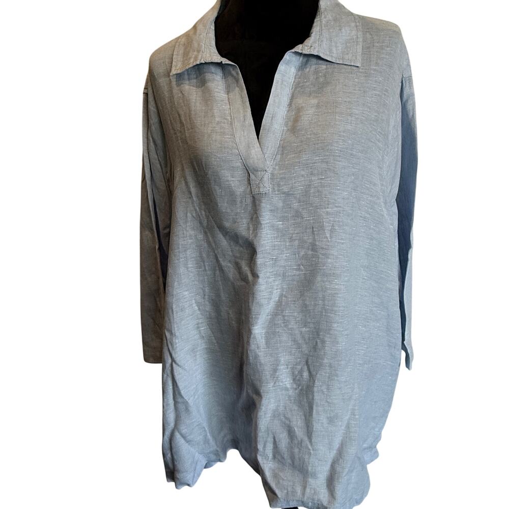 Tahari Womens 3X Light Blue Linen Tunic Collared Popover Long Sleeve Plus Size